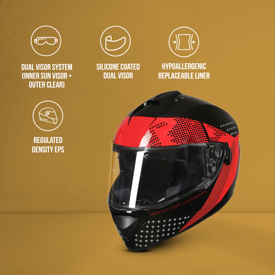 TVS Racing Phantom Series Full Face Dual Visor Helmet for Men | Premium Bike Helmets with ABS Shell, UV Paint | Quick Release System | Aerodynamic Design | DOT & ISI Certified (Black V1)